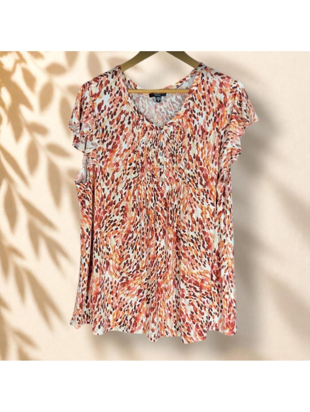 Cocomo Blouse Women 2X Plus Brown Geometric V-Neck Short Sleeve Pullover Casual